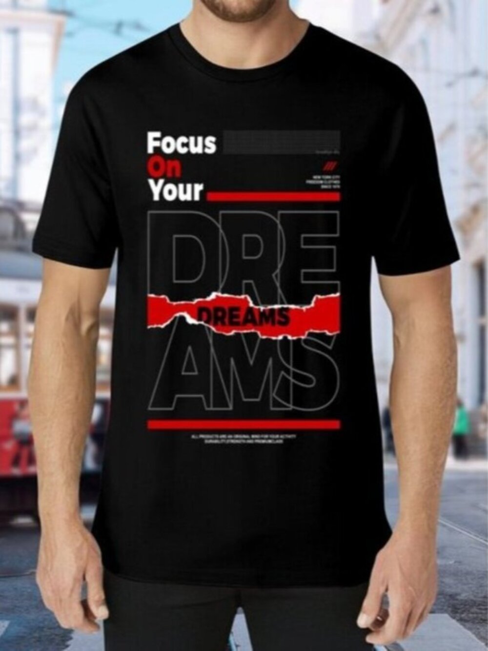 Black Graphic T-Shirt with Red and White Accents